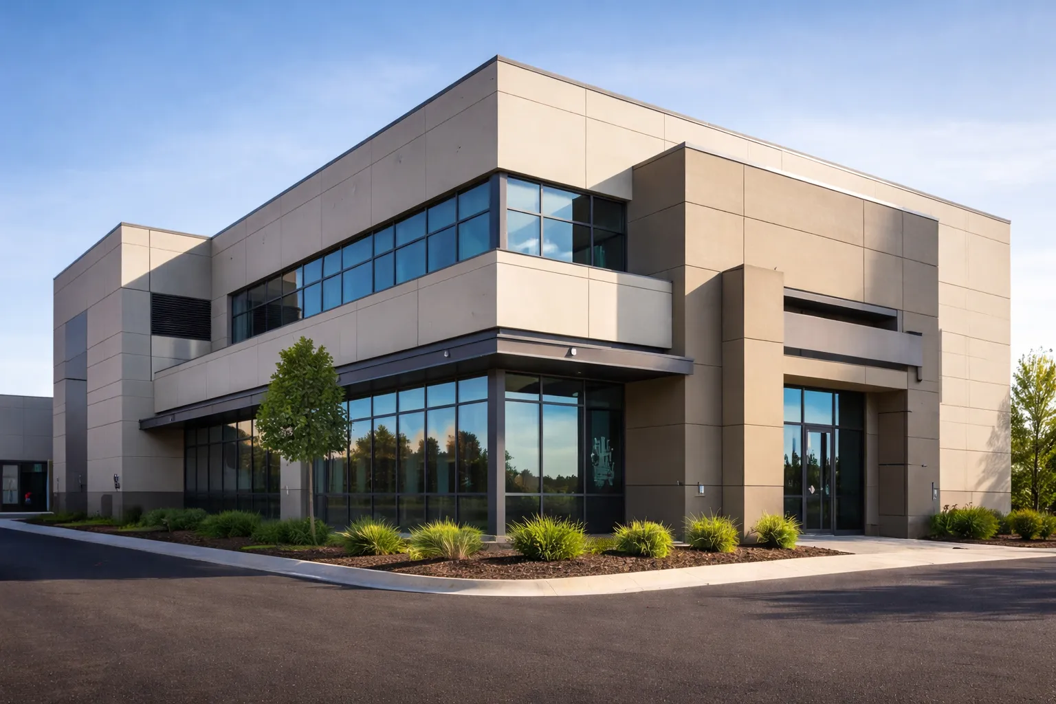 Image of modern looking office building with EIFS and glass exterior