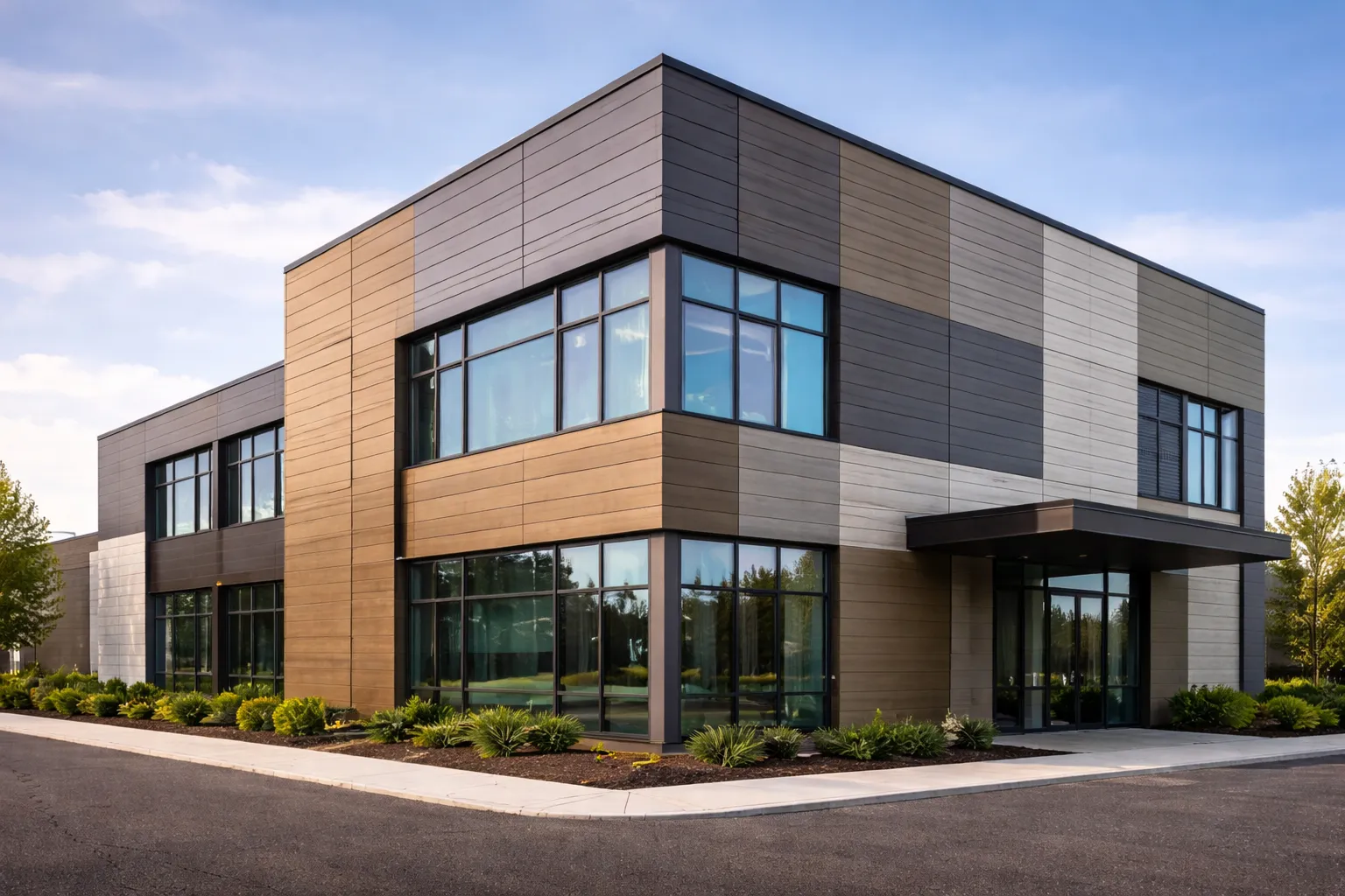 Image of a modern looking office building with a fiber-cement-panel exterior