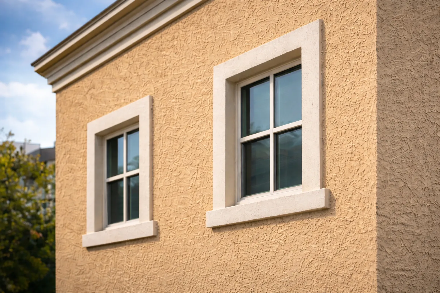 Close-up of a residential wall's facad with stucco exterior.